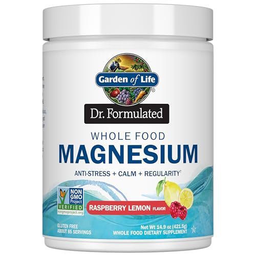 Garden of Life Dr. Formulated Whole Food Magnesium Powder with Probiotics – Stress & Sleep Support, Non-GMO, Gluten-Free, Vegan, Raspberry Lemon Flavor, 85 Servings