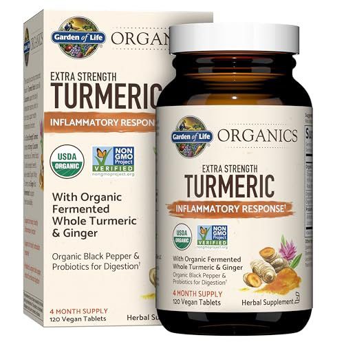 Garden of Life Organics Extra Strength Turmeric Inflammatory Response 120 Tablets-100Mg Curcumin (95% Curcuminoids) Black Pepper, Probiotics, Organic Non-GMO Vegan Gluten Free Herbal Supplement
