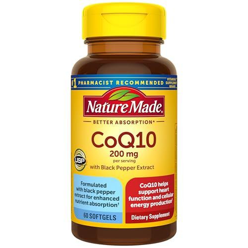 Nature Made CoQ10 200mg per Serving with Black Pepper Extract for Enhanced Nutrient Absorption, CoQ10 Supplement for Heart Health Support, 60 Softgels, 30 Day Supply