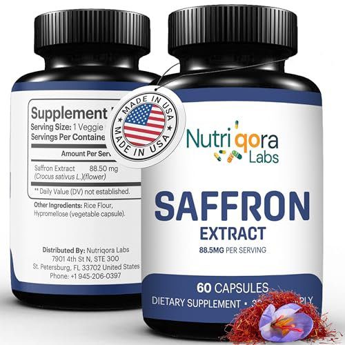 NUTRIQORA LABS Saffron Supplements – 60 Vegan Capsules | 88.5 mg Saffron Extract per Serving | Non-GMO, Plant-Based Formula | Safron Supports Mood Balance, Emotional Well-Being & Eye Health