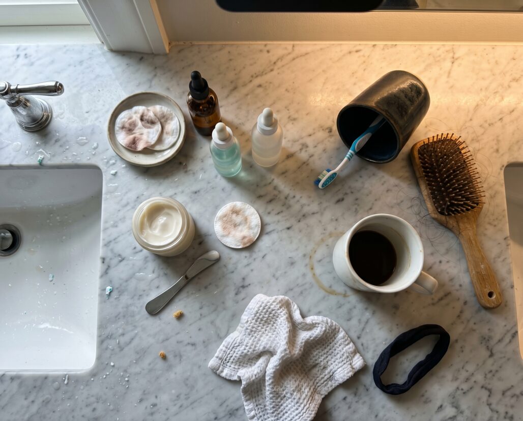 Skincare stack on counter, Kinfolk morning routine
