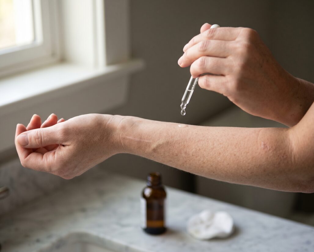 Serum drop on forearm, hand-only, Kinfolk close-up