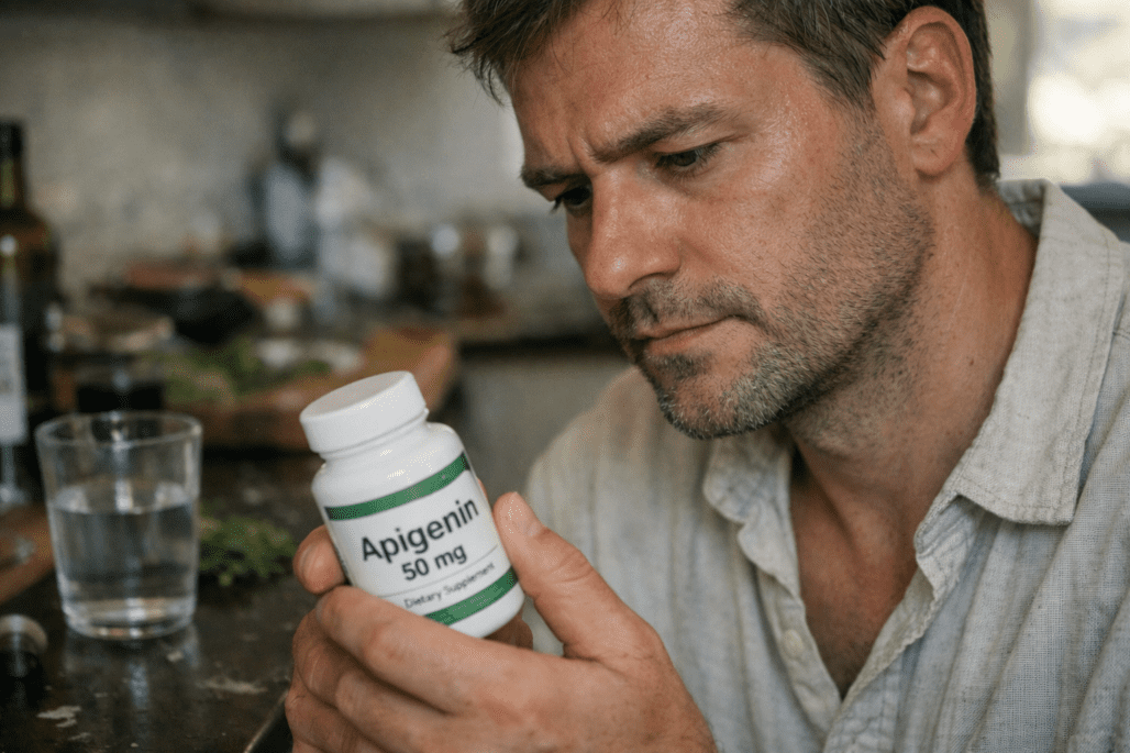 Person examining apigenin supplement bottle in natural kitchen setting with realistic detail