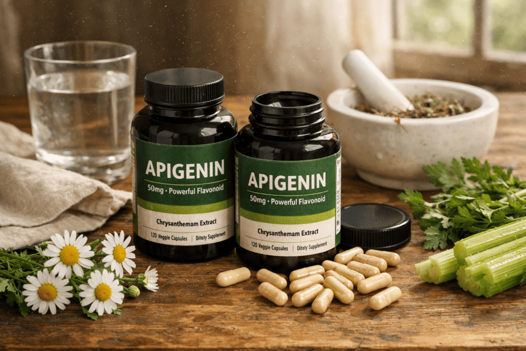 Best apigenin supplements displayed with natural sources like chamomile and celery on wooden table