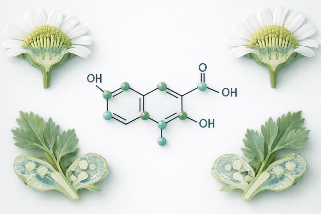 Apigenin molecular structure with chamomile and celery botanical elements in scientific editorial style