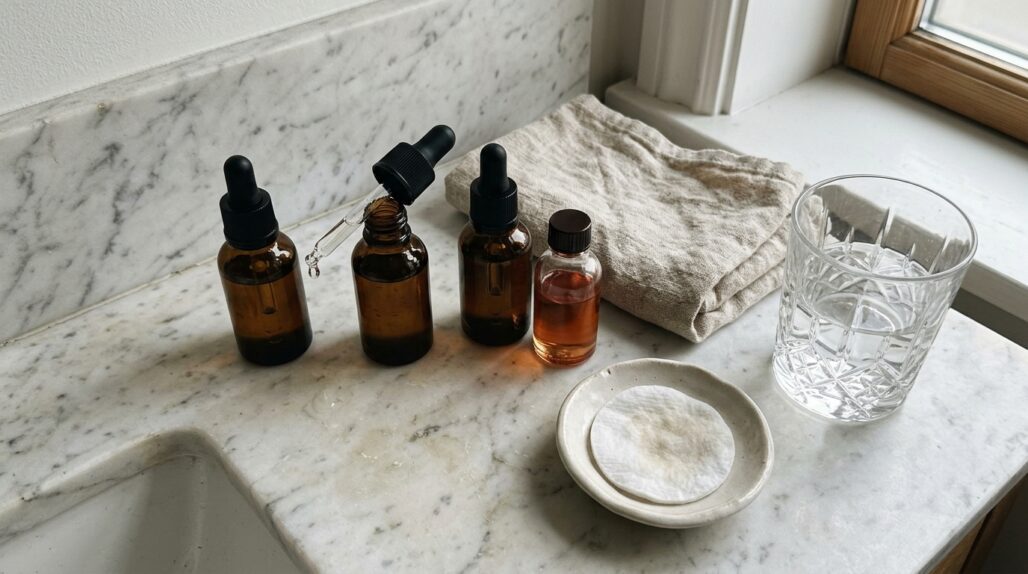 Product still-life: three unlabeled amber glass serum bottles with droppers