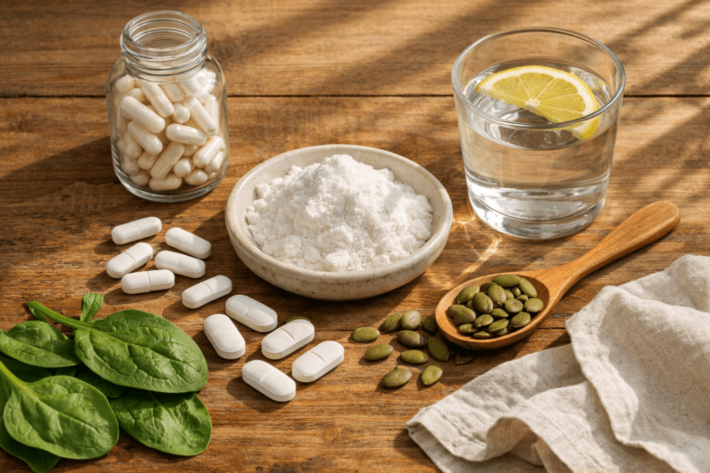 Different magnesium supplement types with water and magnesium-rich foods on wooden surface