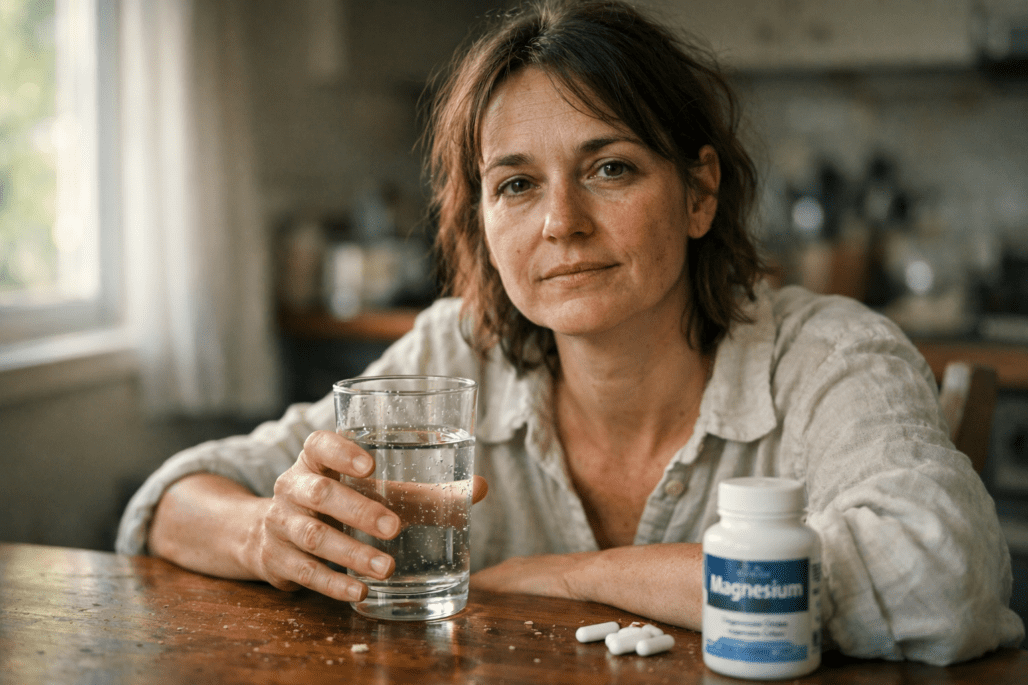 Person taking magnesium supplement for anxiety relief in natural morning kitchen light