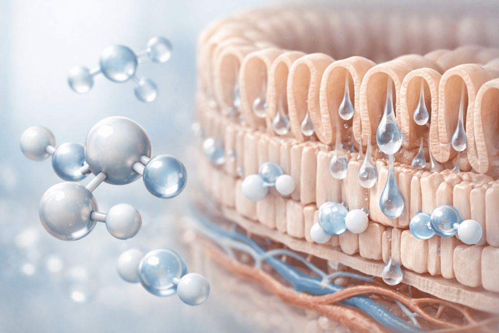 Magnesium molecules and intestinal anatomy illustrating how magnesium for constipation aids digestive health