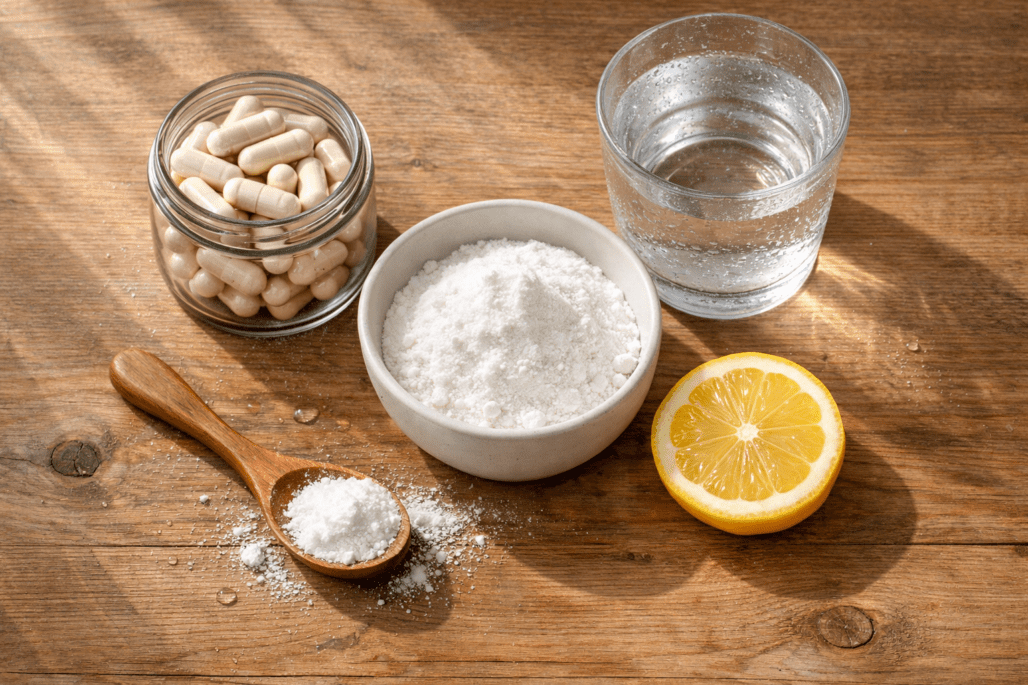 Best magnesium supplements and natural laxative products arranged on wooden table with water glass