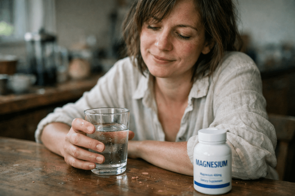 Person taking magnesium supplement for heart health in natural home setting