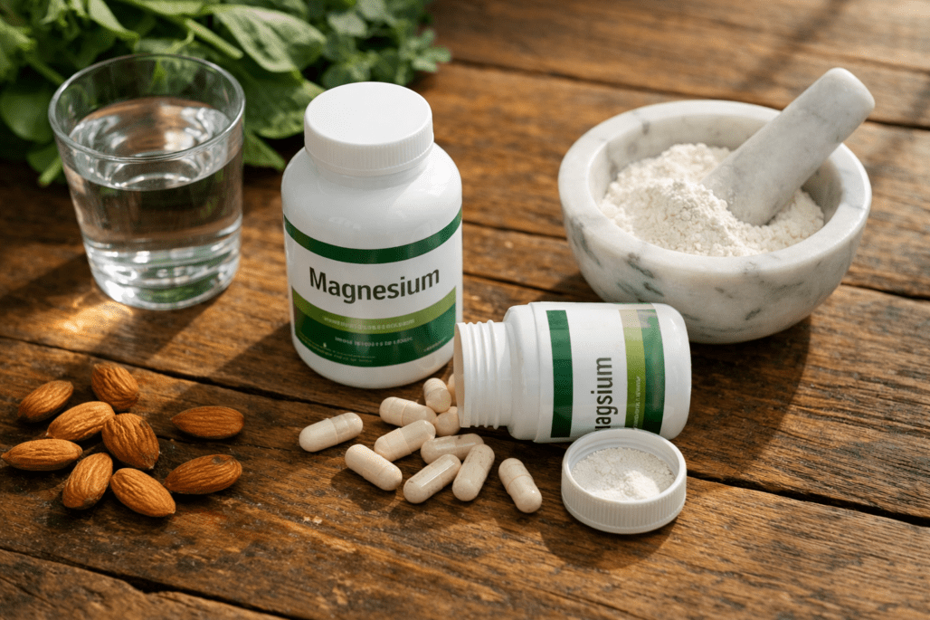 Best magnesium supplement bottles with heart-healthy foods on wooden surface