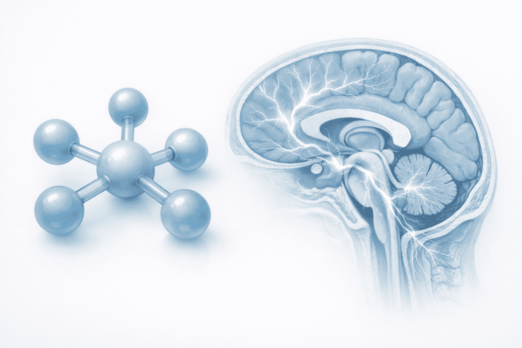 Magnesium molecule structure and brain neural pathways for migraine relief visualization