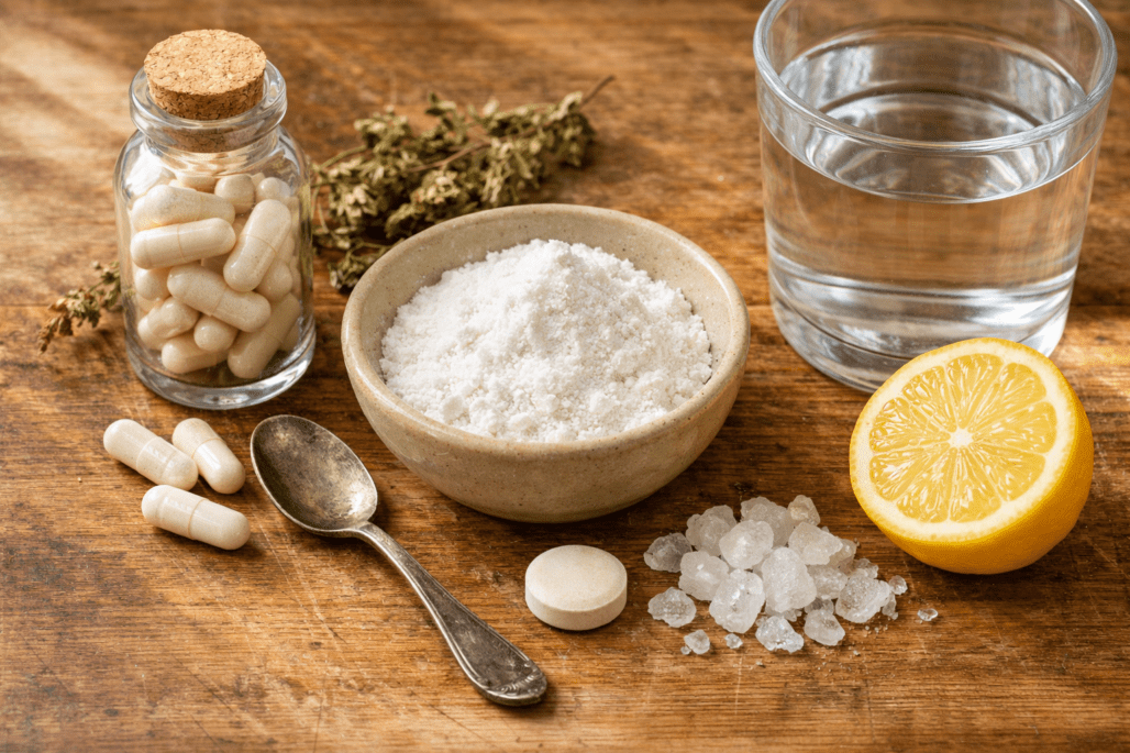 Best magnesium supplement types displayed with water glass and natural ingredients on wooden surface