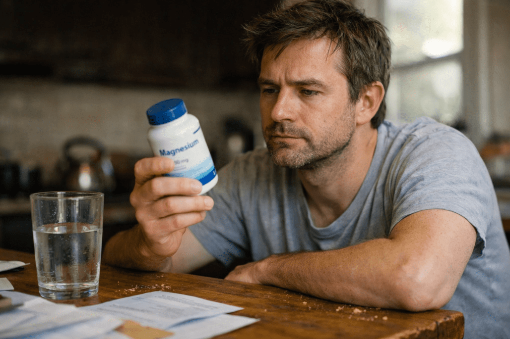 Person considering magnesium supplement for migraine relief at home table