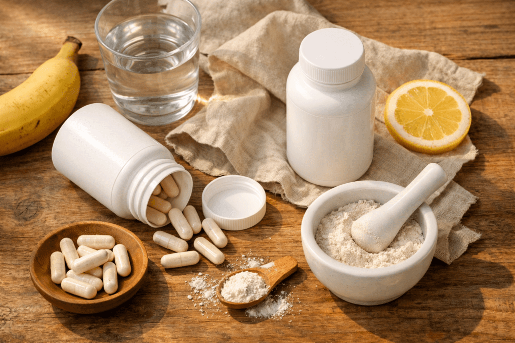 Best magnesium supplements displayed with water and fruit for muscle cramp relief