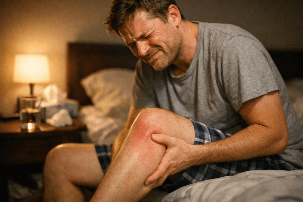 Person experiencing nighttime muscle cramp relief with magnesium supplement solution