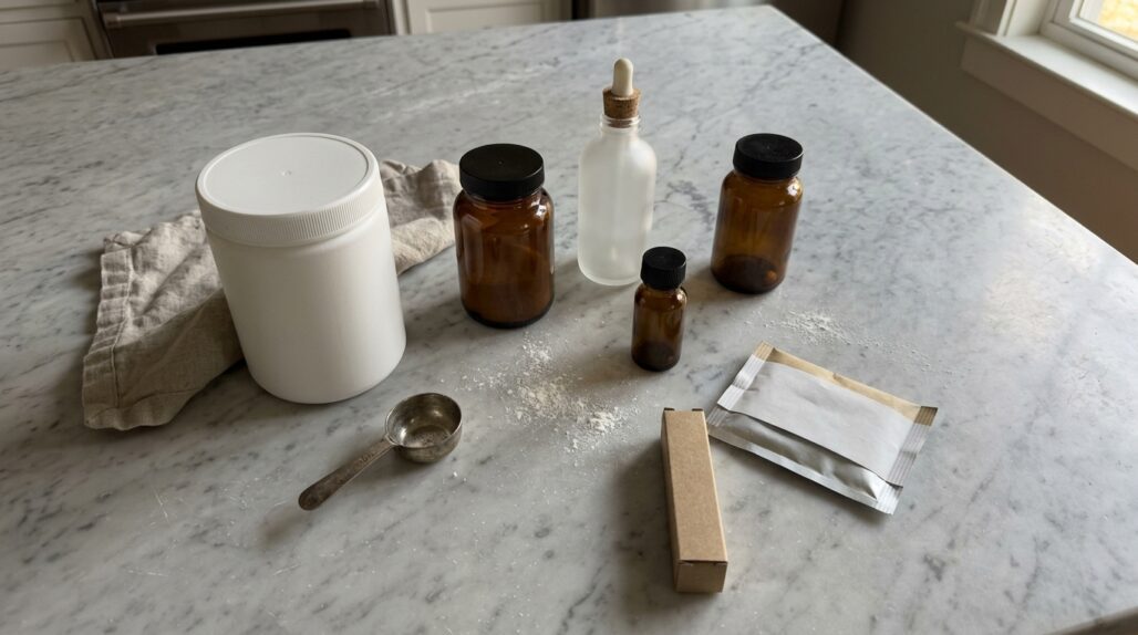 Product still-life: pantry arrangement of unlabeled peptide supplement containers