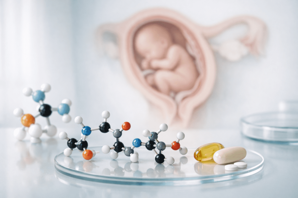 Scientific visualization of prenatal vitamins and folic acid molecular structures in medical editorial style