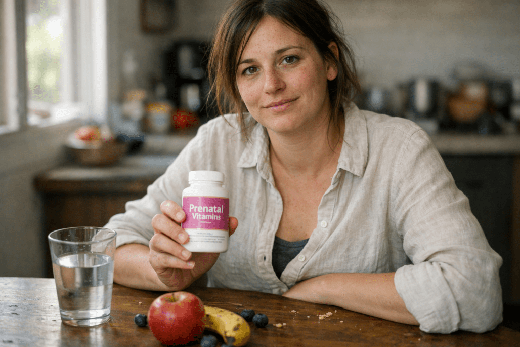 Pregnant woman taking prenatal vitamins at home with water and fruit on table, candid natural lighting