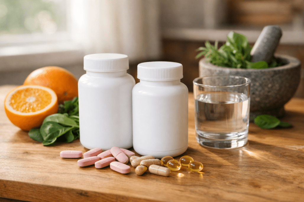 Prenatal vitamin bottles displayed with fresh fruits and water on wooden table in natural light