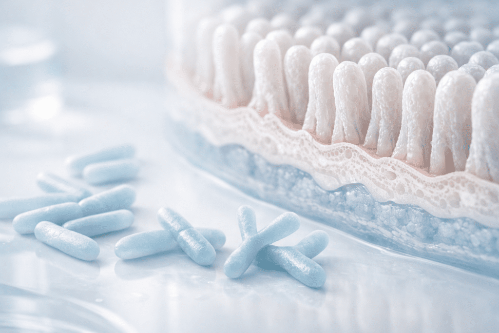 Scientific illustration of probiotic bacteria strains for digestive health and bloating relief