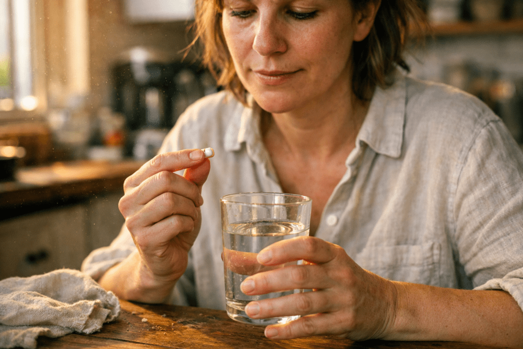 Person taking probiotic supplement for bloating relief and digestive wellness