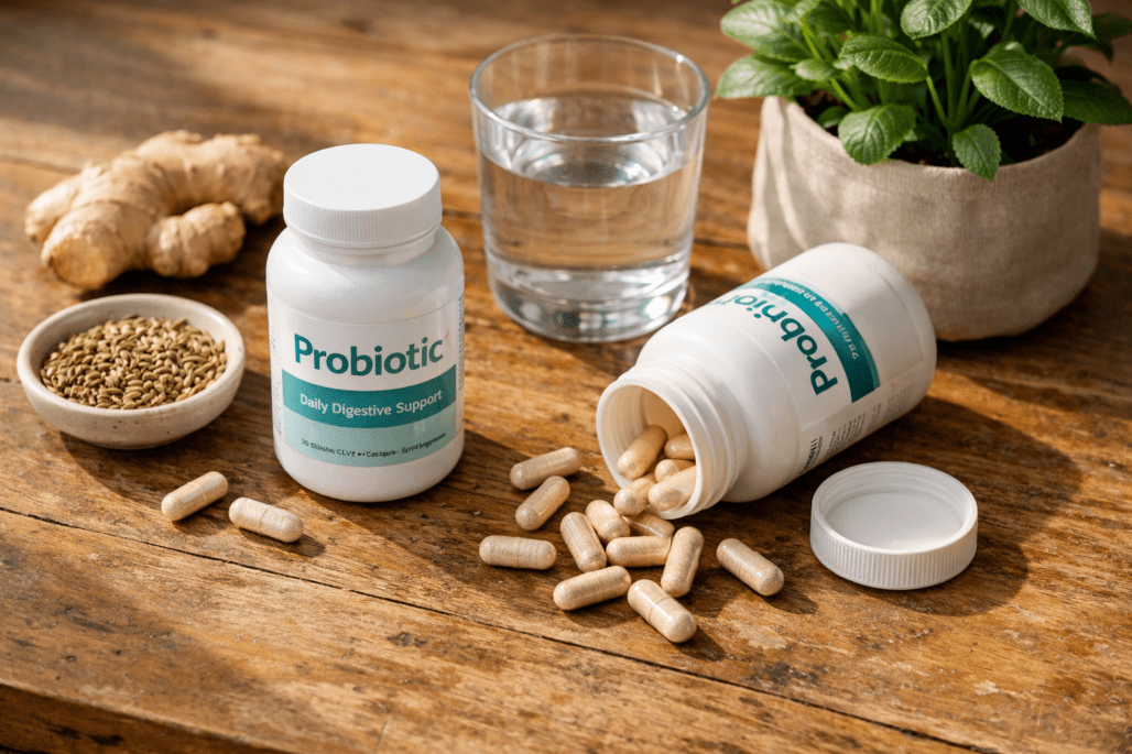 Probiotic supplements and digestive health products displayed with water and natural ingredients