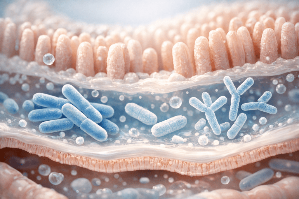 Scientific illustration of probiotic bacteria strains for digestive health and diarrhea relief