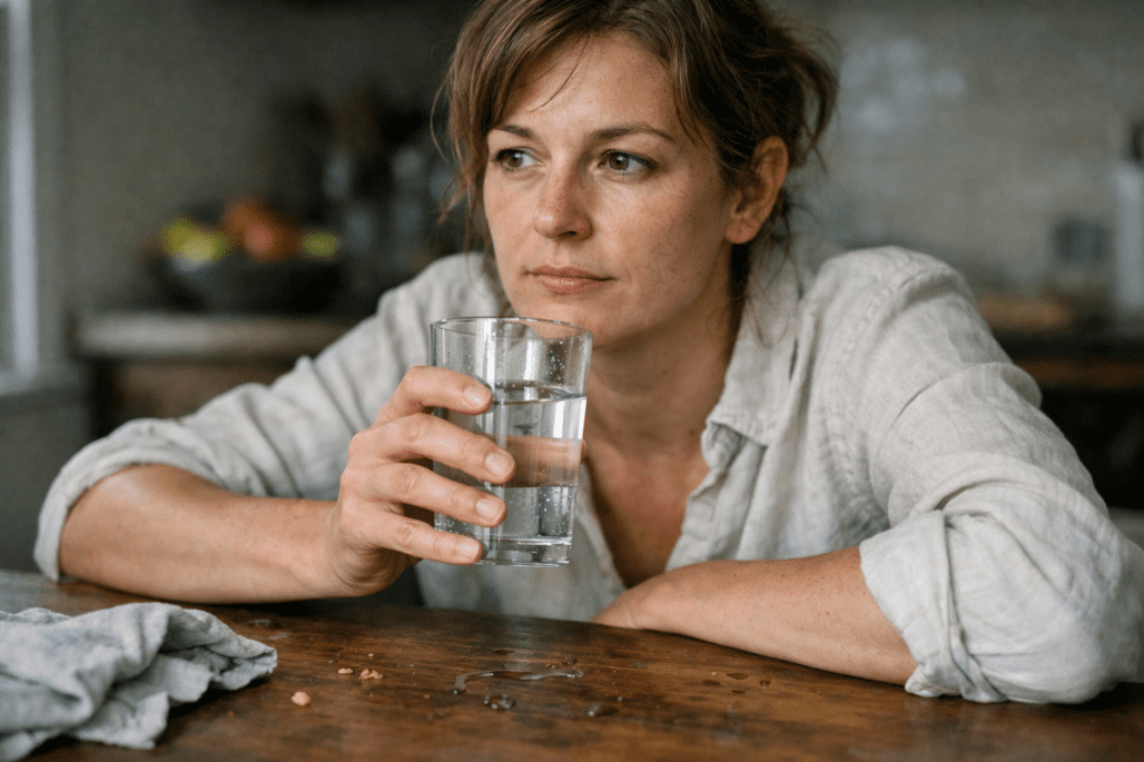 Person drinking water at table, considering digestive health and probiotic diarrhea relief options