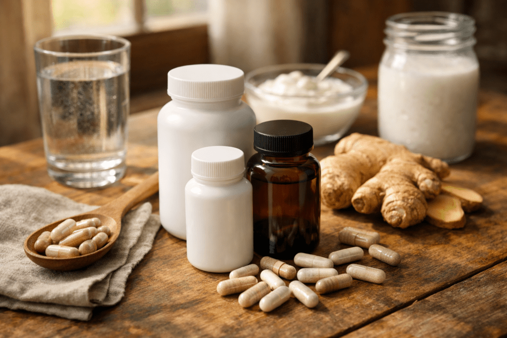 Probiotic supplements and digestive health products arranged on wooden surface with water glass