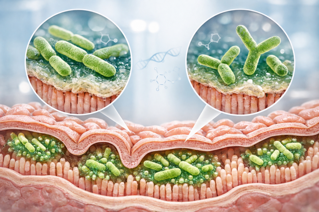 Microscopic view of probiotic bacteria strains for IBS relief and digestive health treatment