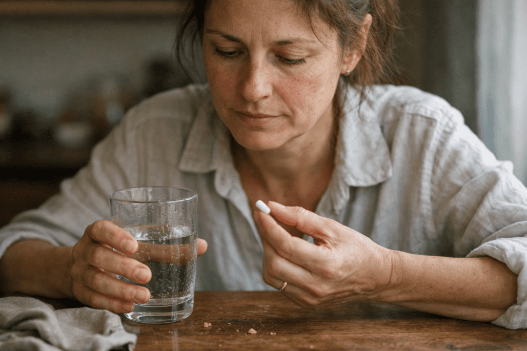 Person taking probiotic supplement for IBS treatment and digestive wellness at home