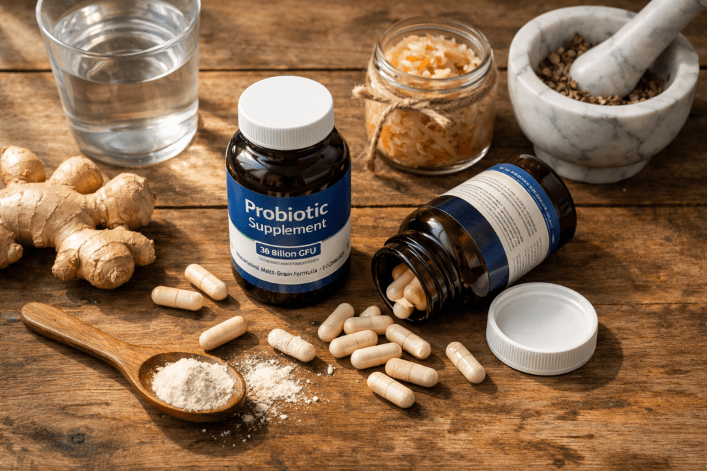 Probiotic supplements and digestive health products arranged on wooden table with water and herbs