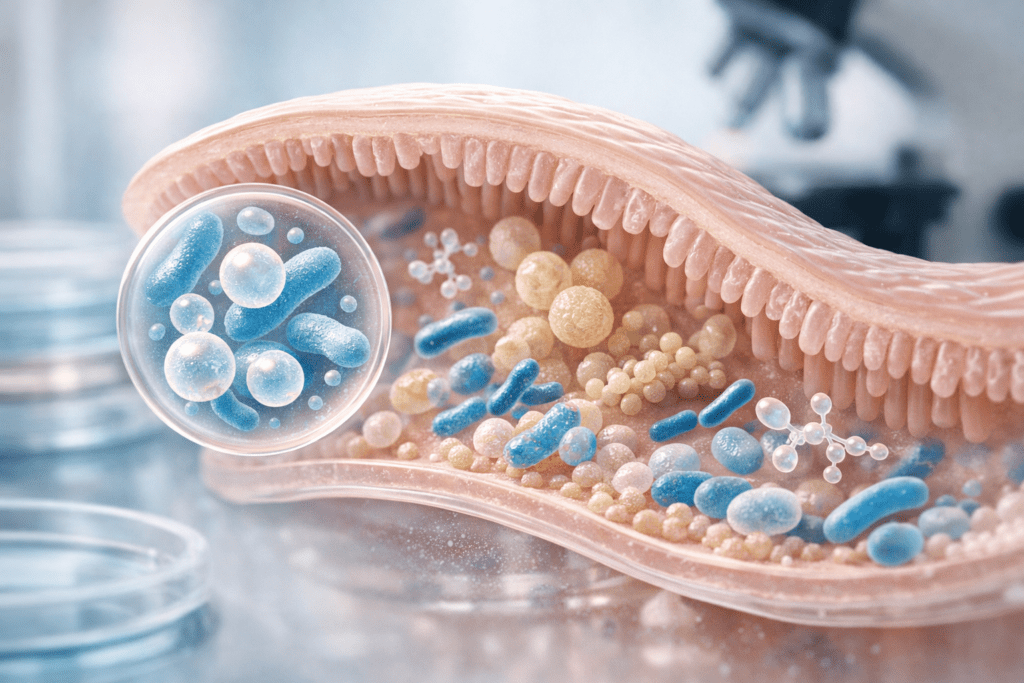 Microscopic view of small intestine bacteria for SIBO probiotics treatment visualization