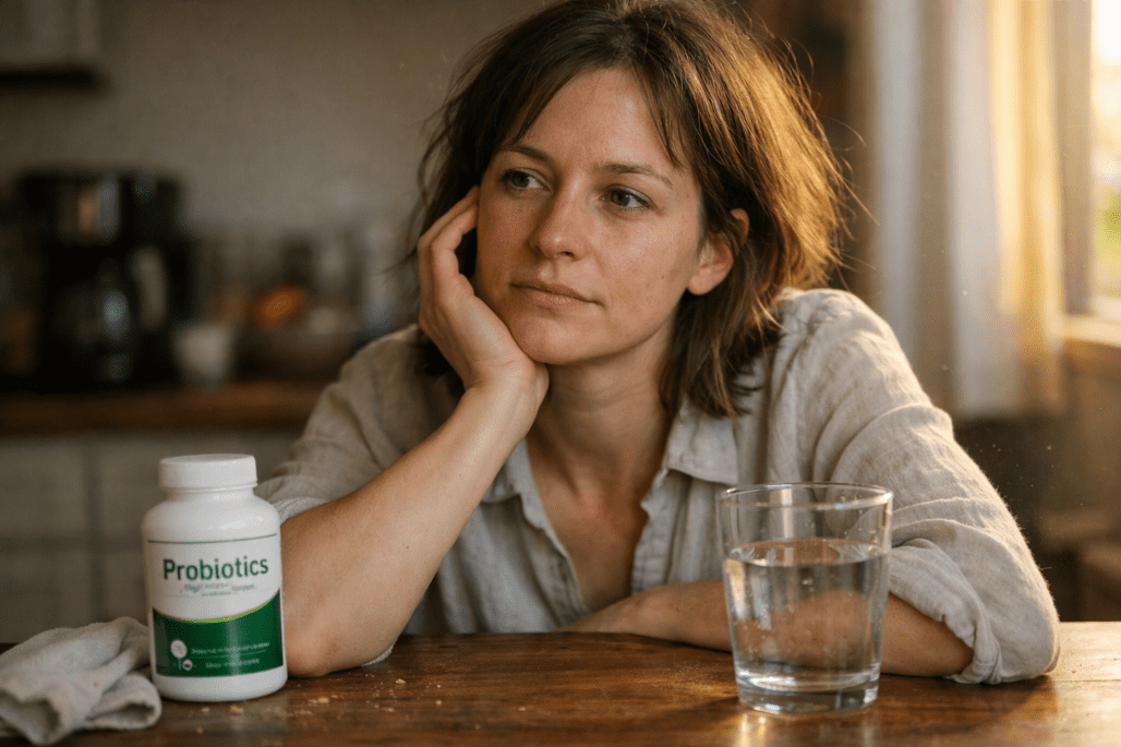 Person considering SIBO probiotics treatment options at home with supplement bottle