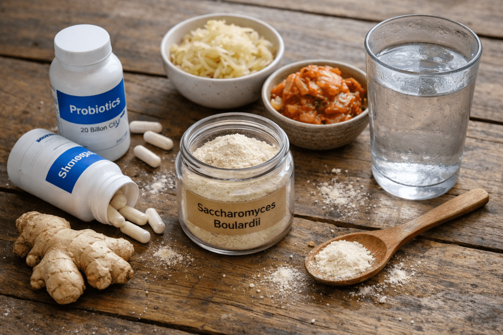 Best probiotics for SIBO displayed with supplements and fermented foods on wooden surface