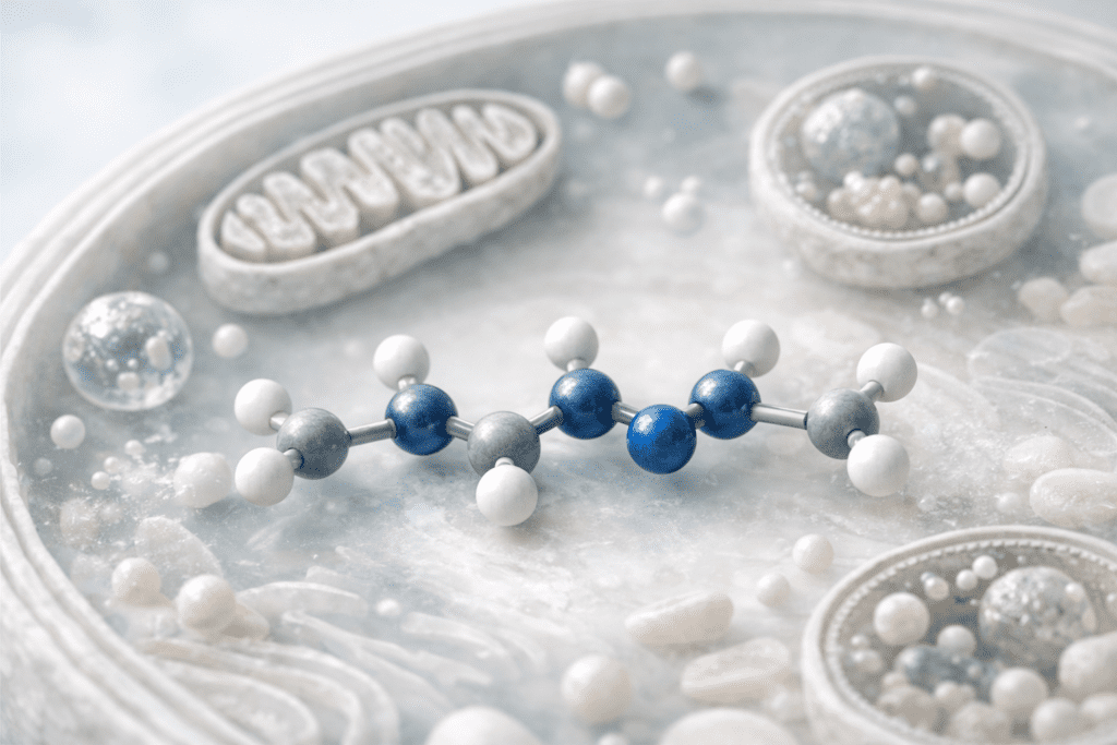 Molecular structure of spermidine compound with cellular autophagy visualization for longevity supplements