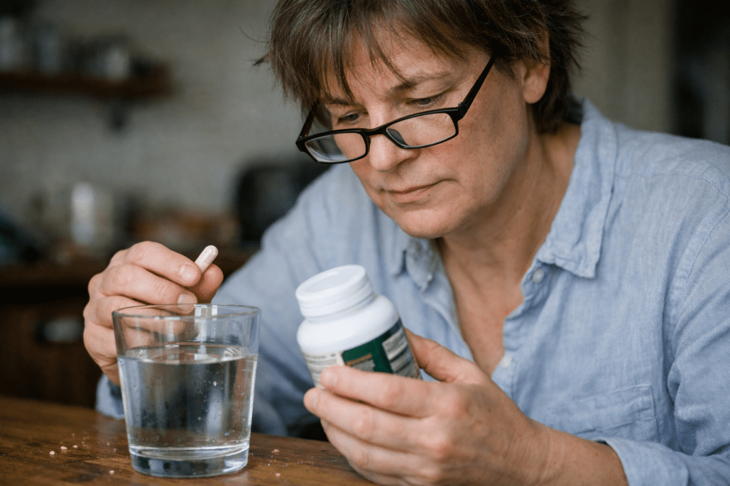 Person examining spermidine supplement bottle for longevity health benefits at home