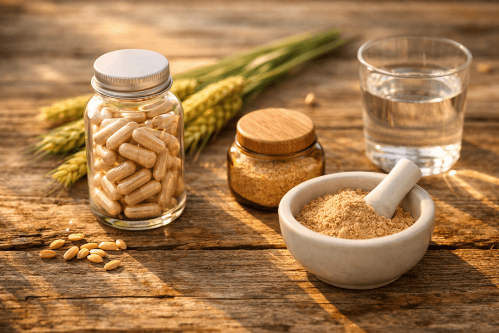 Best spermidine supplements displayed with wheat germ and natural sources on wooden surface