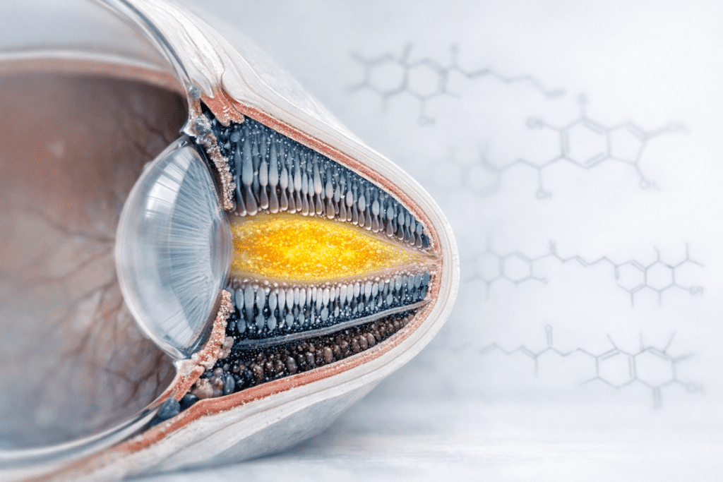 Scientific visualization of eye health vitamins and retinal anatomy for vision supplements guide