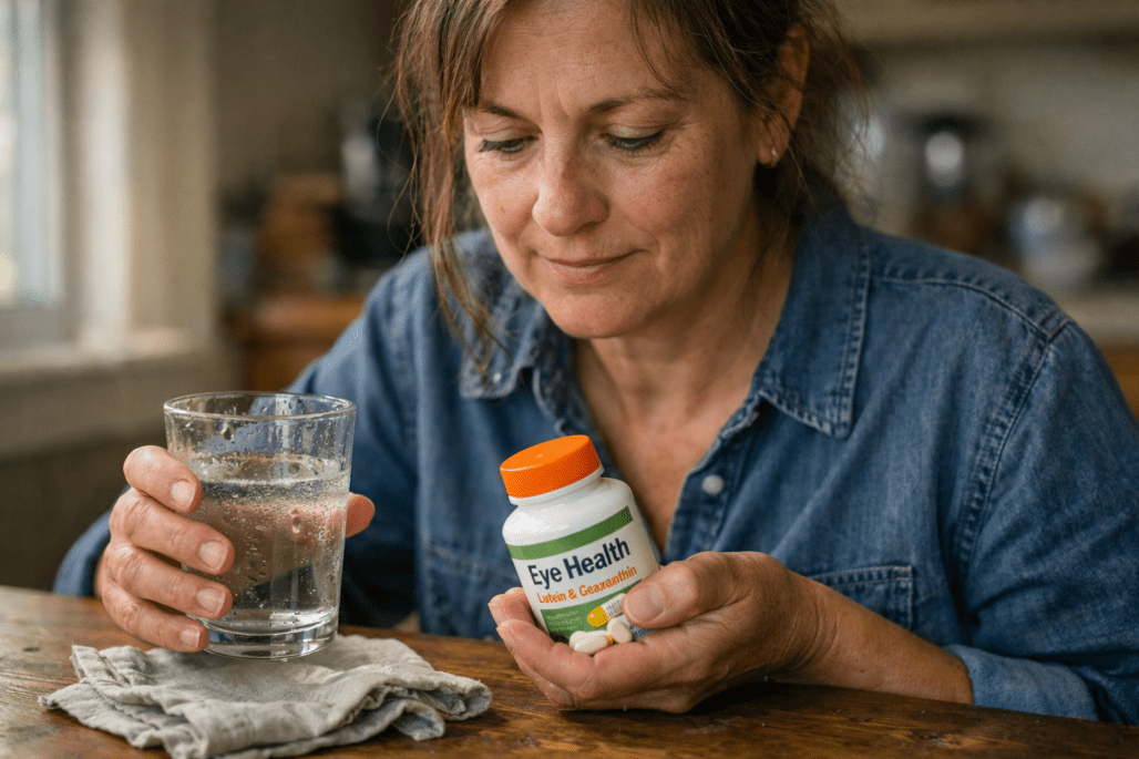 Person taking eye care vitamins at home as part of daily vision supplement routine