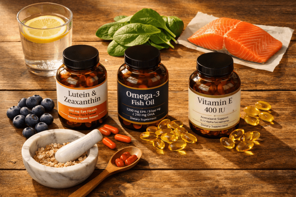 Best supplements for eye health arranged with nutrient-rich foods like blueberries and salmon