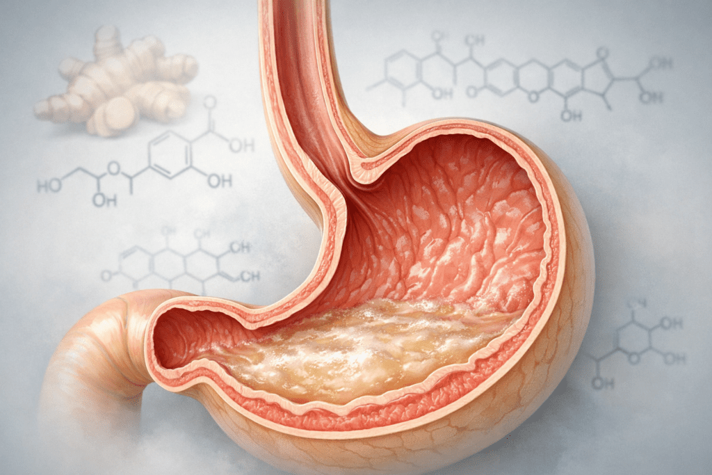 Digestive system illustration showing natural supplements for acid reflux relief and GERD management
