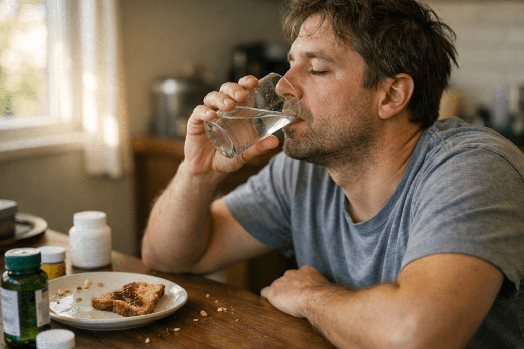 Person taking natural acid reflux supplement with water at home in morning light