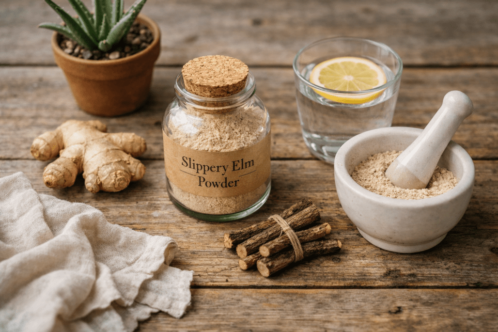 Natural acid reflux supplements and ingredients arranged on wooden table with water glass