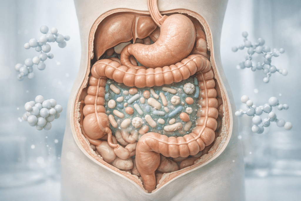 Scientific illustration of digestive system showing gut microbiome and bloating relief mechanisms