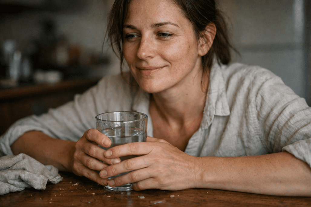Person experiencing digestive comfort while drinking water, natural bloating relief moment