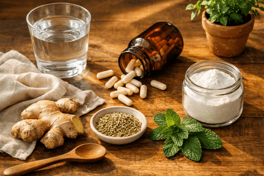 Natural bloating relief supplements and digestive remedies arranged on wooden table with water