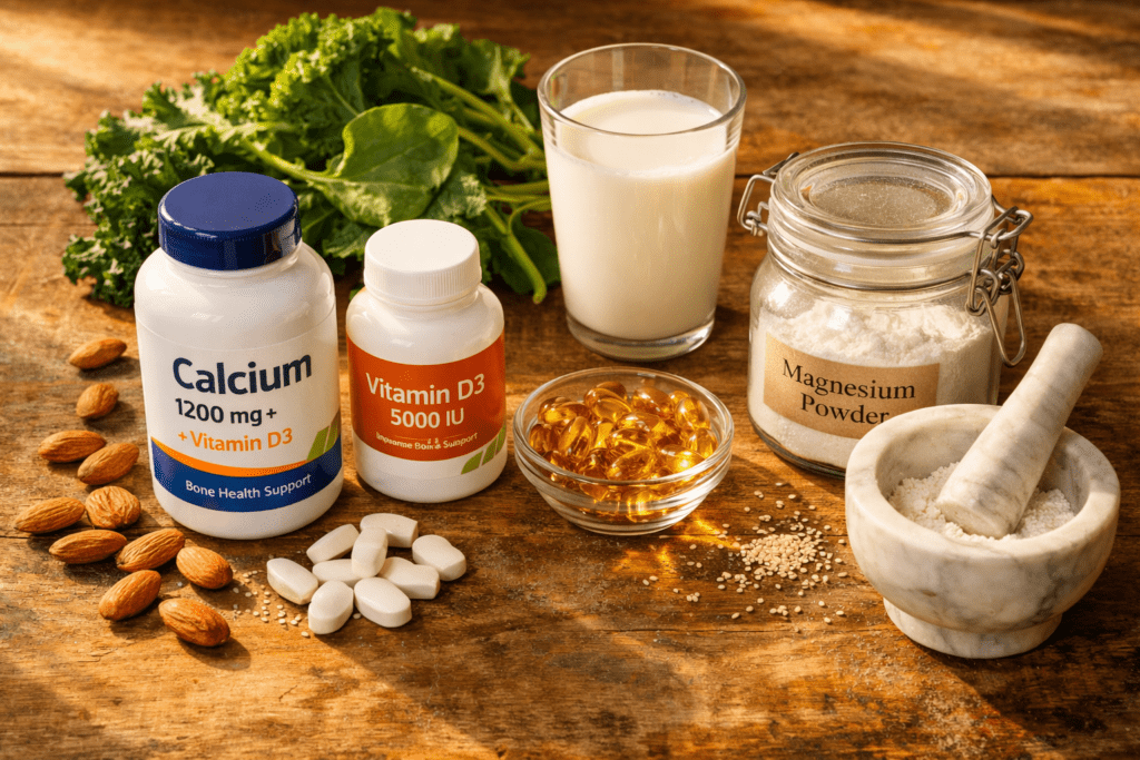 Best supplements for bones including calcium, vitamin D, and magnesium arranged with food sources on wooden surface
